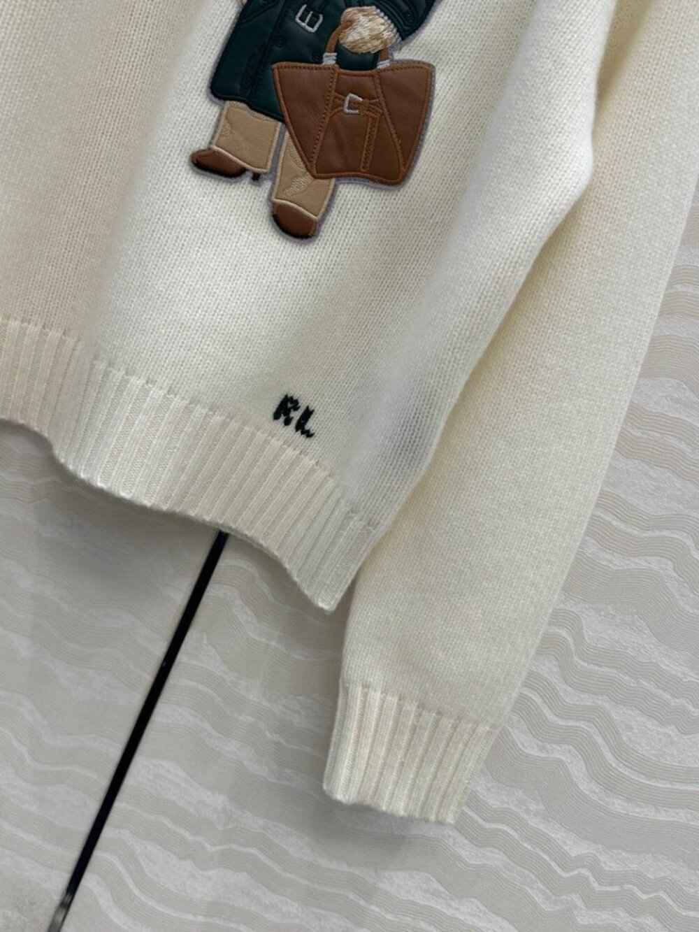 Polo Ralph Lauren Cream White Fancy Trench Coat Bear Embroidery Crewneck Sweater - Picture 6 of 7